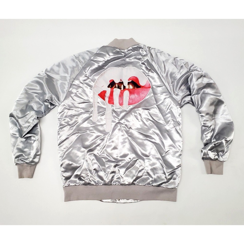 Kylie Jenner Bomber Jacket Lips Lip Kit Silver Metallic Button Up XL